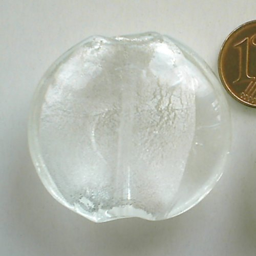 2 perles galets 34mm transparent rond plat verre façon murano feuille argentée diy création bijoux