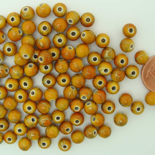100 perles rondes 6mm marron motifs dorés acrylique