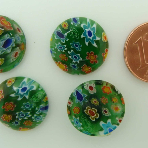 4 cabochons 15mm verre millefiori vert motifs fleurs multicolores