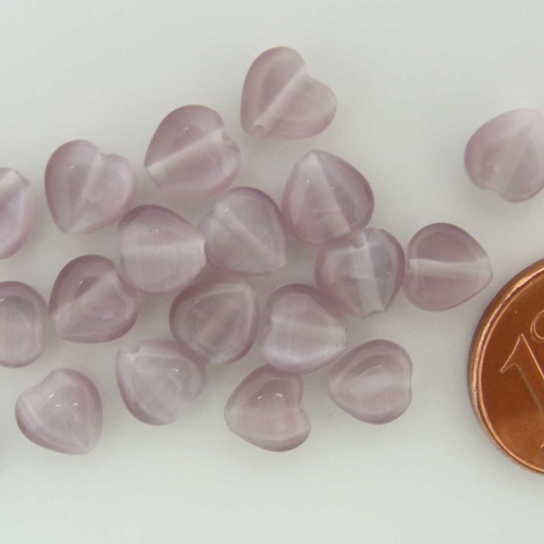 20 perles coeur 6,5mm mauve verre oeil de chat diy création bijoux