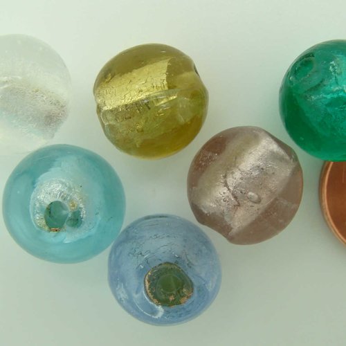 6 perles rondes 12mm mix couleurs verre façon murano feuille argentée diy création bijoux