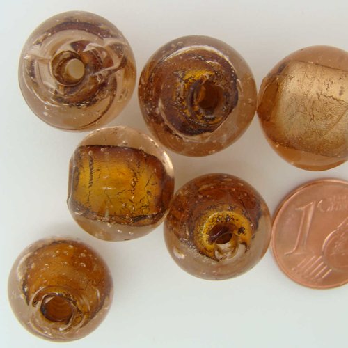 6 perles rondes 14mm marron verre façon murano feuille argentée diy création bijoux