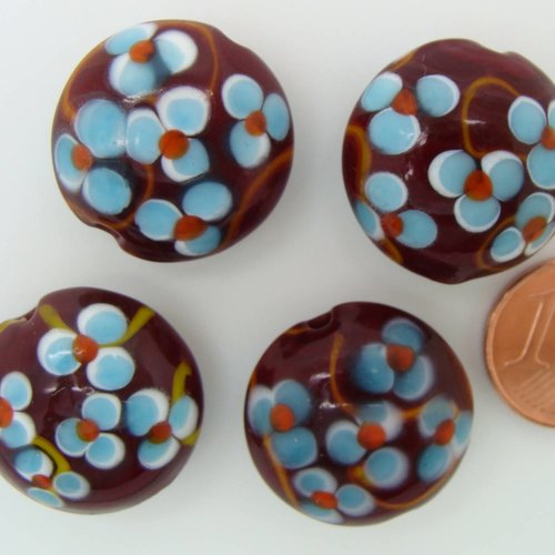 1 perle galet 20mm marron 5 motifs fleurs par face verre lampwork