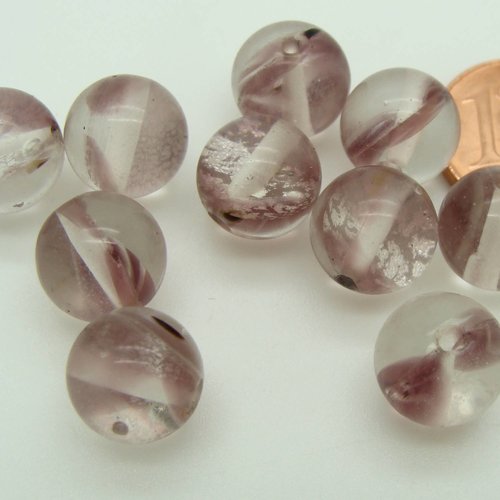 10 perles rondes 10mm roses verre lampwork feuille argentée et motifs noirs diy création bijoux