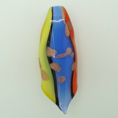 Pendentif rouleau jaune bleu rouge 6 cm en verre lampwork pour création de bijoux collier