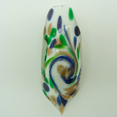 Pendentif rouleau blanc volute bleue 6 cm en verre lampwork pour création de bijoux collier