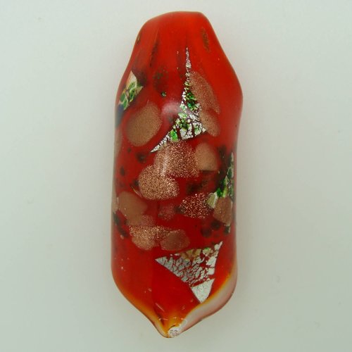 Pendentif rouleau rouge touches dorées et argenté 6 cm en verre lampwork pour création de bijoux collier