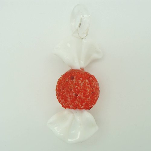 Pendentif bonbon transparent sucre rouge papier blanc 7 cm en verre lampwork pour création de bijoux collier