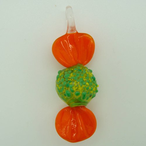 Pendentif bonbon transparent sucre vert papier orange 7 cm en verre lampwork pour création de bijoux collier