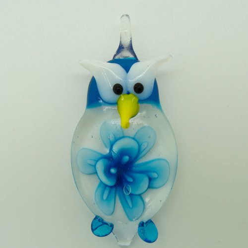 Pendentif chouette hibou bleu avec fleur animal oiseau 55mm en verre lampwork pour création de bijoux collier