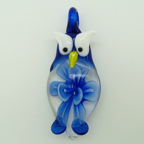 Pendentif chouette hibou bleu foncé avec fleur animal oiseau 55mm en verre lampwork pour création de bijoux collier