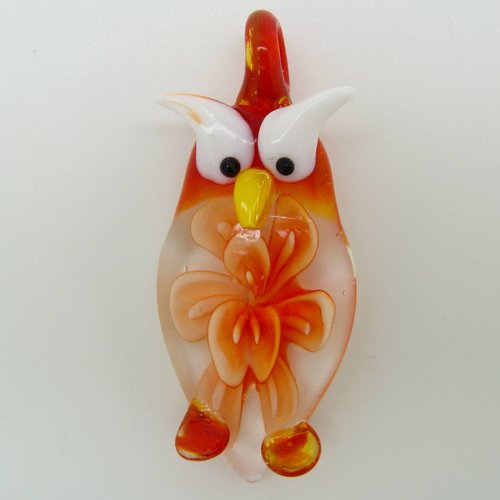 Pendentif chouette hibou orange avec fleur animal oiseau 55mm en verre lampwork pour création de bijoux collier