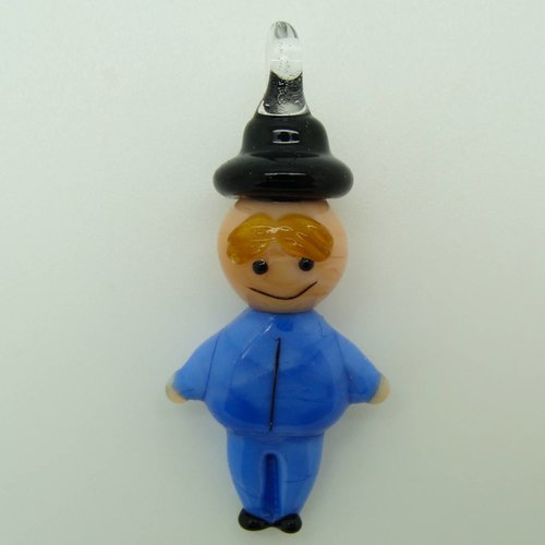 Pendentif bonhomme bleu foncé homme avec chapeau 40mm en verre lampwork pour création de bijoux collier
