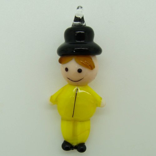 Pendentif bonhomme jaune homme avec chapeau 40mm en verre lampwork pour création de bijoux collier
