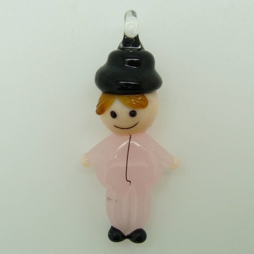 Pendentif bonhomme rose homme avec chapeau 40mm en verre lampwork pour création de bijoux collier
