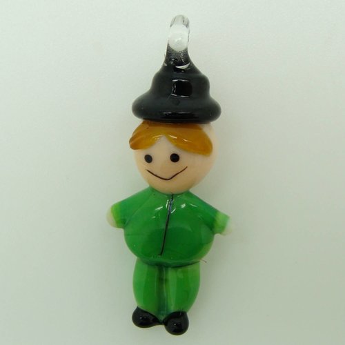 Pendentif bonhomme vert homme avec chapeau 40mm en verre lampwork pour création de bijoux collier
