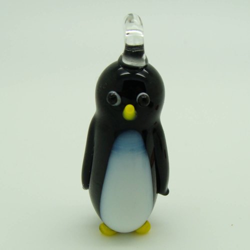 Pendentif pingouin manchot noir animal oiseau 45mm en verre lampwork pour création de bijoux collier