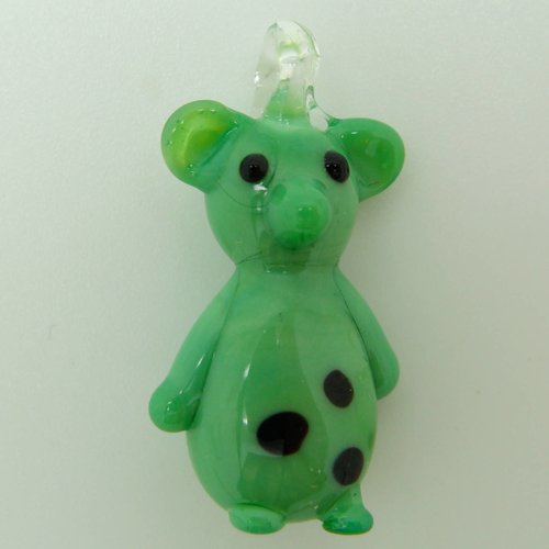Pendentif petite souris vert animal rat 27mm en verre lampwork pour création de bijoux collier