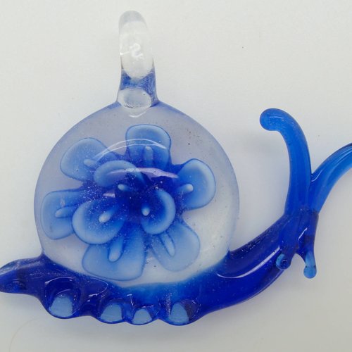 Pendentif escargot bleu foncé avec fleur animal 60mm en verre lampwork pour création de bijoux collier