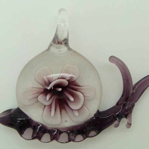Pendentif escargot violet avec fleur animal 60mm en verre lampwork pour création de bijoux collier