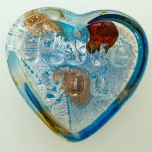 Pendentif coeur i love you revers bleu avec feuille argentée et touches multicolores 38mm verre diy création bijoux