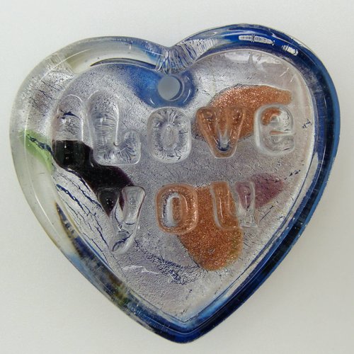 Pendentif coeur i love you revers bleu foncé avec feuille argentée et touches multicolores 38mm verre diy création bijoux