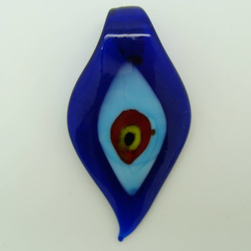 Pendentif feuille bleu foncé motif oeil 64mm en verre lampwork pour création de bijoux collier
