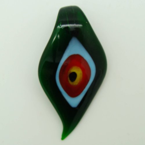 Pendentif feuille vert foncé motif oeil 64mm en verre lampwork pour création de bijoux collier
