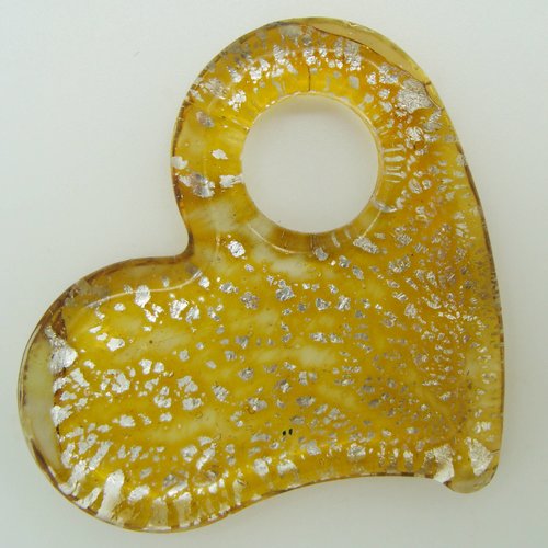 Pendentif coeur jaune doré avec touches argentées 59mm plat grand trou verre diy création bijoux