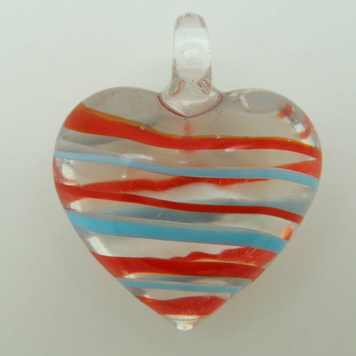 Pendentif coeur transparent tourbillon bleu et rouge 36mm verre diy création bijoux