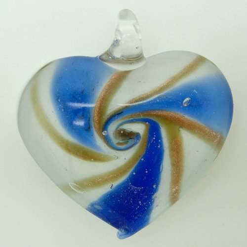 Pendentif coeur spirale bleu blanc doré 46mm verre diy création bijoux