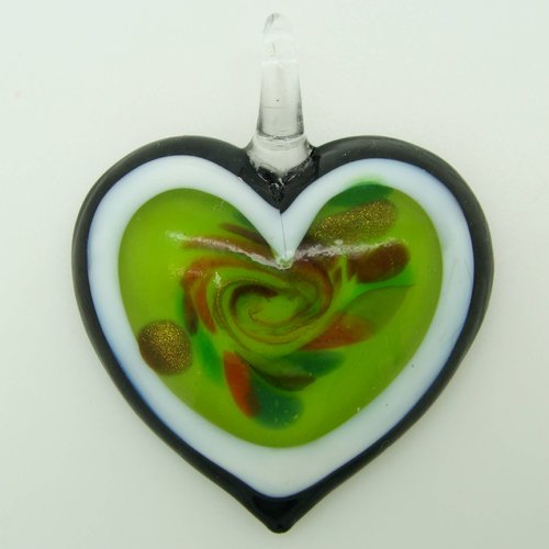 Pendentif coeur noir blanc vert 45mm verre diy création bijoux