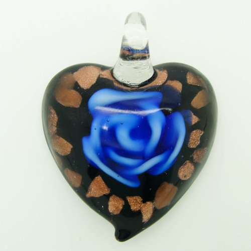 Pendentif coeur noir doré fleur bleue 48mm verre diy création bijoux