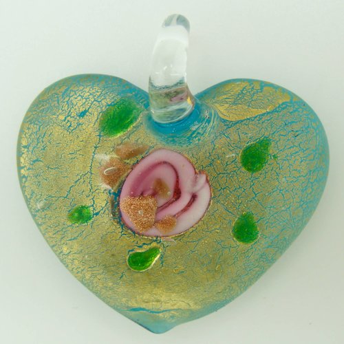 Pendentif coeur doré et bleu motif fleur rose et touches vertes 40mm verre diy création bijoux