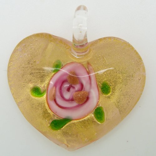 Pendentif coeur doré motif fleur rose et touches vertes 40mm verre diy création bijoux