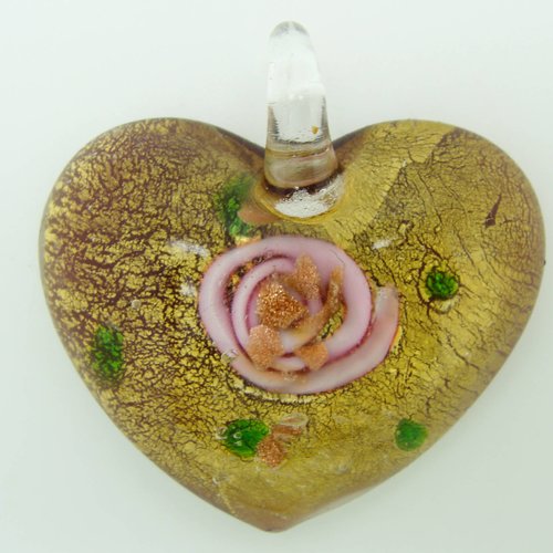 Pendentif coeur doré et violet motif fleur rose et touches vertes 40mm verre diy création bijoux
