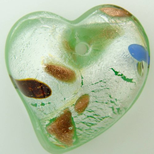 Pendentif coeur vert et feuille argentée touches multicolores 30mm verre diy création bijoux