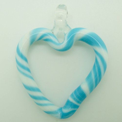 Pendentif coeur bicolore bleu blanc motif sucre d'orge 52mm verre diy création bijoux