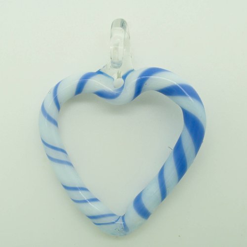 Pendentif coeur bicolore bleu foncé blanc motif sucre d'orge 52mm verre diy création bijoux