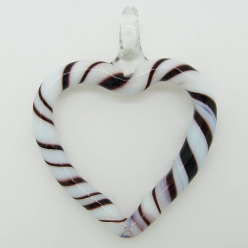 Pendentif coeur bicolore noir blanc motif sucre d'orge 52mm verre diy création bijoux