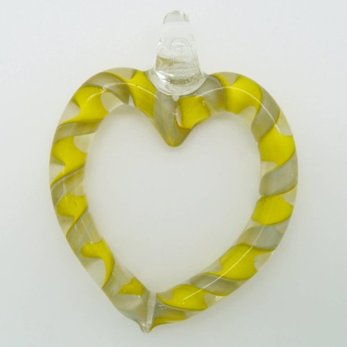 Pendentif coeur transparent ruban jaune 52mm verre diy création bijoux