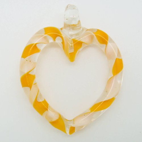 Pendentif coeur transparent ruban orange 52mm verre diy création bijoux