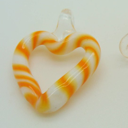 2 mini pendentifs coeur bicolore orange blanc motif sucre d'orge 27mm breloque verre diy création bijoux