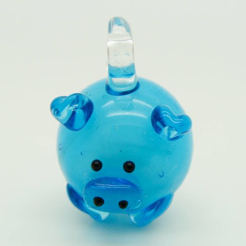 Pendentif mini cochon bleu 23mm animal en verre lampwork pour création de bijoux collier