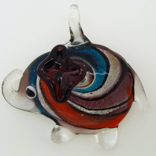 Pendentif éléphant argenté spirale bleu rouge 52mm animal en verre lampwork pour création de bijoux collier