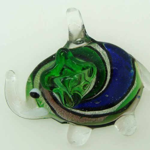 Pendentif éléphant argenté spirale violet bleu vert 52mm animal en verre lampwork pour création de bijoux collier