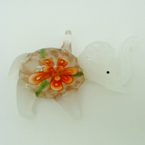 Pendentif éléphant blanc avec fleur orange 55mm animal en verre lampwork pour création de bijoux collier