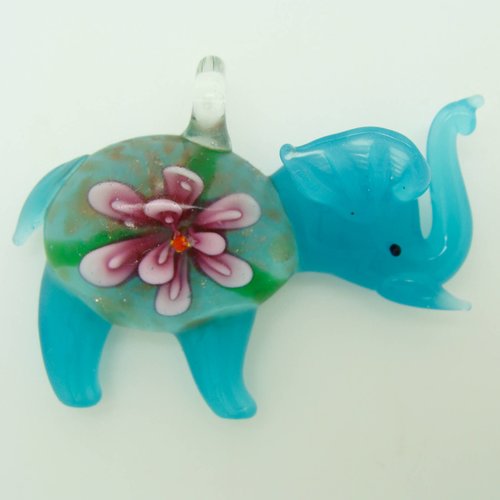 Pendentif éléphant bleu avec fleur violette 55mm animal en verre lampwork pour création de bijoux collier