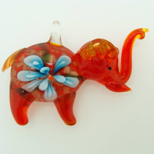Pendentif éléphant rouge avec fleur bleue 55mm animal en verre lampwork pour création de bijoux collier