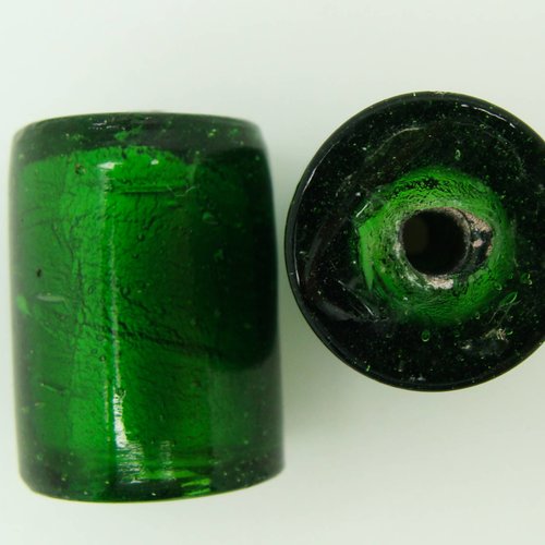 2 perles tubes 22mm vert emeraude verre feuille argentée diy création bijoux